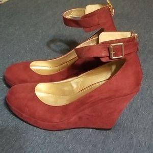 Ankle strap wedges burgundy color shoes